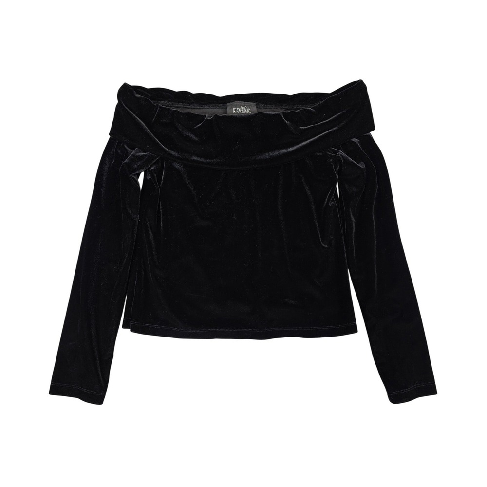 Vintage Velour Off Shoulder Top Women M Black Velvet Long Sleeve Goth Party Chic